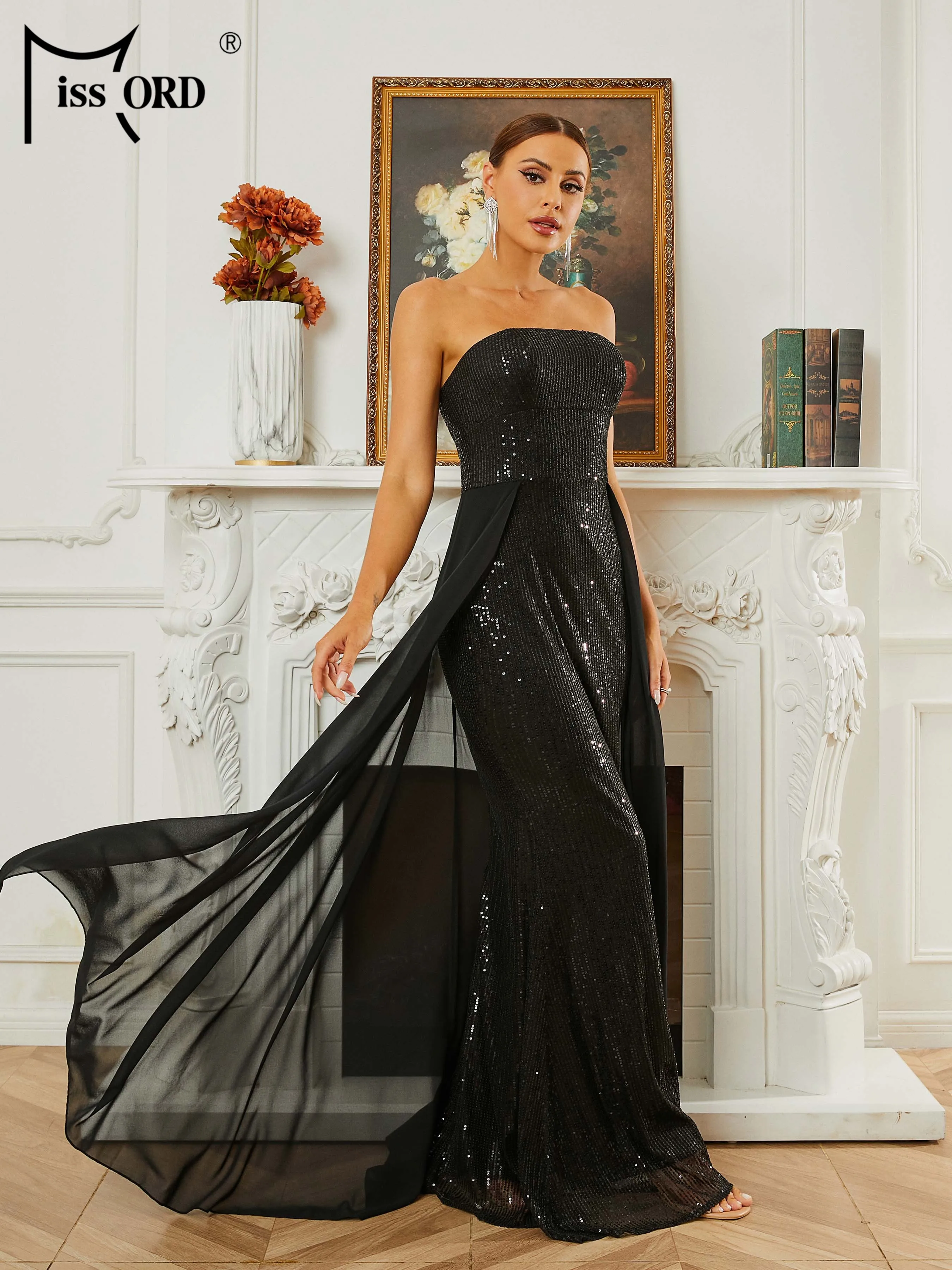 

Missord 2024 New Black Strapless Sequin Mermaid Evening Birthday Party Church Elegant Beautiful Women's Dress