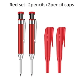 Metal Solid Carpenter's Mechanical Pencil with Holder and Pocket Clip - Deep Hole Marker Tool (2pencil red set)