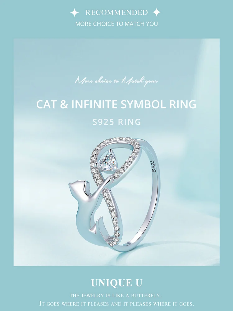 Sterling Silver Cat & Infinite Symbol Ring Heart-shaped Zircon Finger Ring for Women Party Fine Jewelry - PeticaDeals