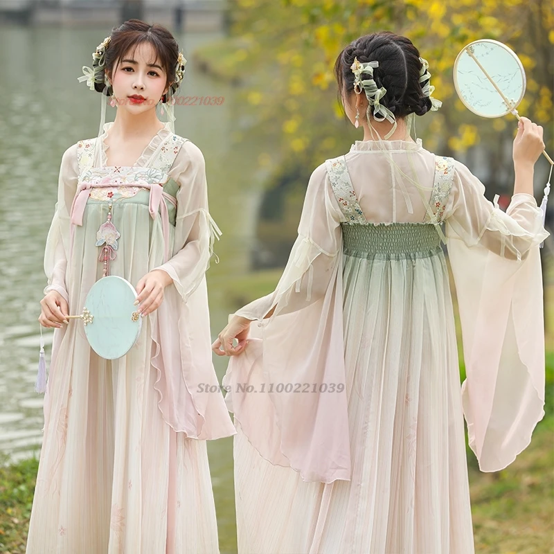 2024-chinese-vintage-folk-dress-hanfu-traditional-flower-embroidery-chiffon-tops-dress-set-oriental-fairy-dress-ruqun-hanfu
