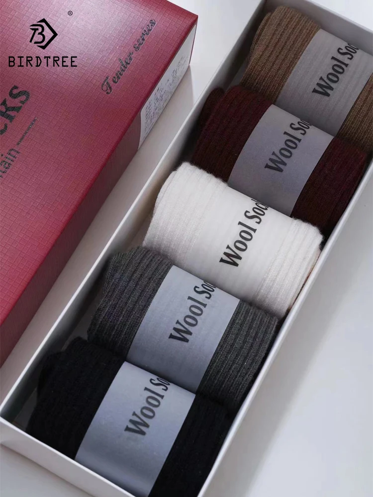

Birdtree 24.7% Wool Gift Box Pack of 5 Pairs Socks Autumn Winter Soft Warm Medium Tube Socks Men And Women Multi Color P39218QC