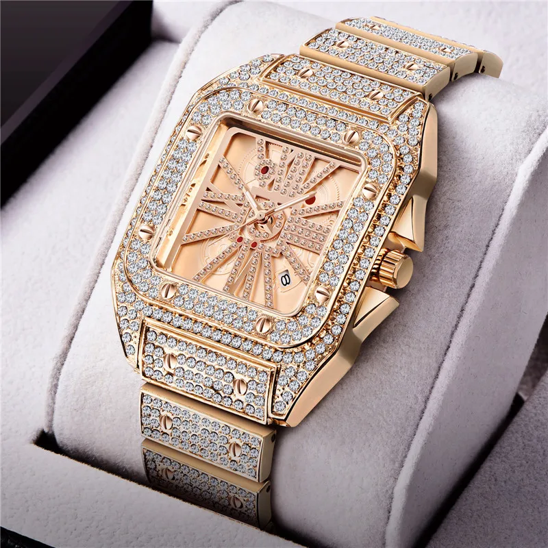 Unique Cool Brand Designer Watches For Men Hip Hop Diamond Fashion Alloy Band Date Golden Quartz Watch Montres de Marque de Luxe