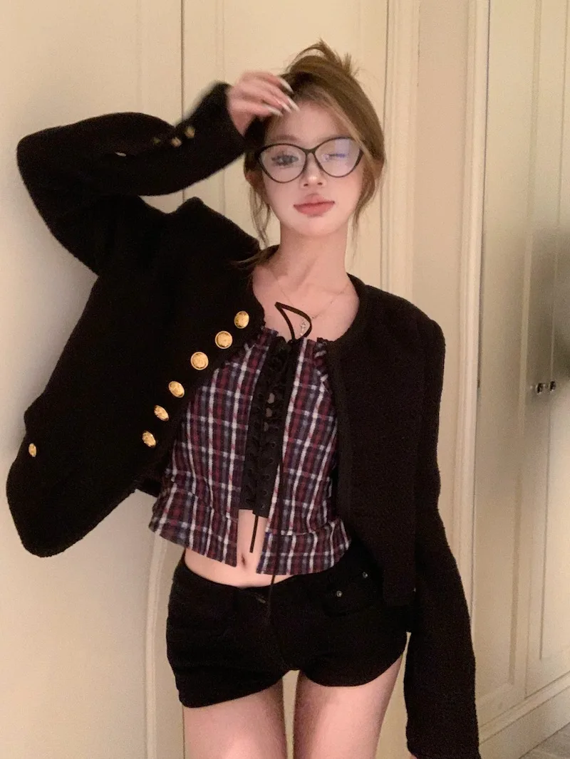 

Женская твидовая куртка с длинным рукавом, черная универсальная верхняя одежда, осень 2023