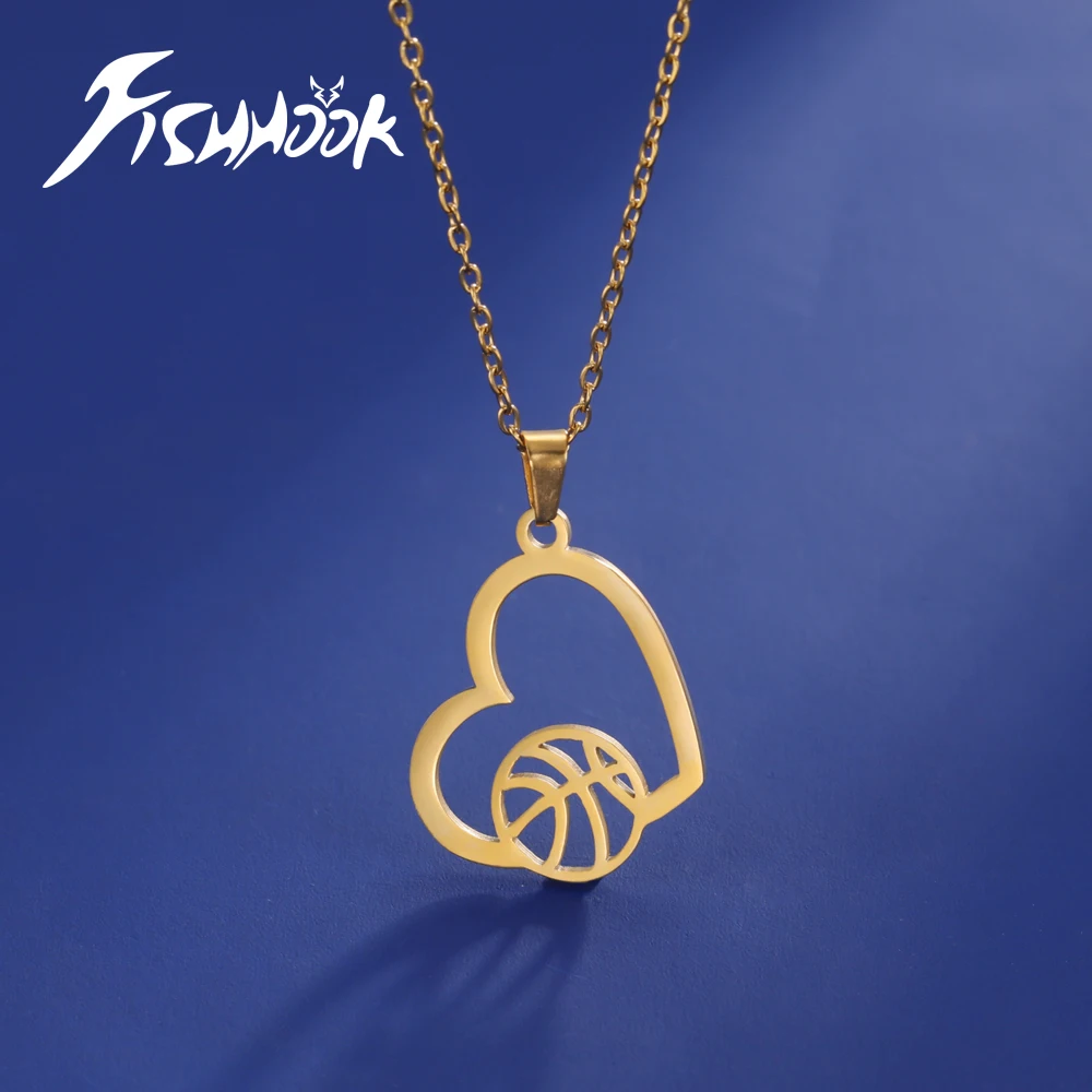 Fishhook 남녀공용 농구 목걸이, 하트 스포츠 체인, 골드 컬러, 스테인리스 스틸 액세서리, 어린이 쥬얼리 선물