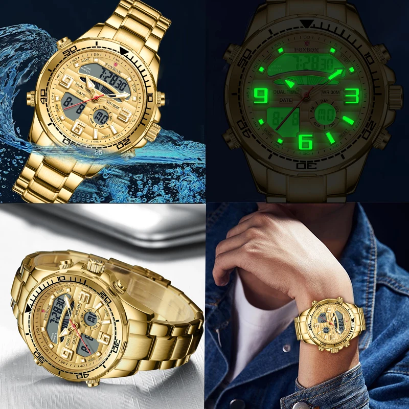 FOXBOX New Gold Quartz Watch For Men Top Brand Luxury Men Waterproof Watch Fashion Military Luminous Chronograph Reloj Hombre