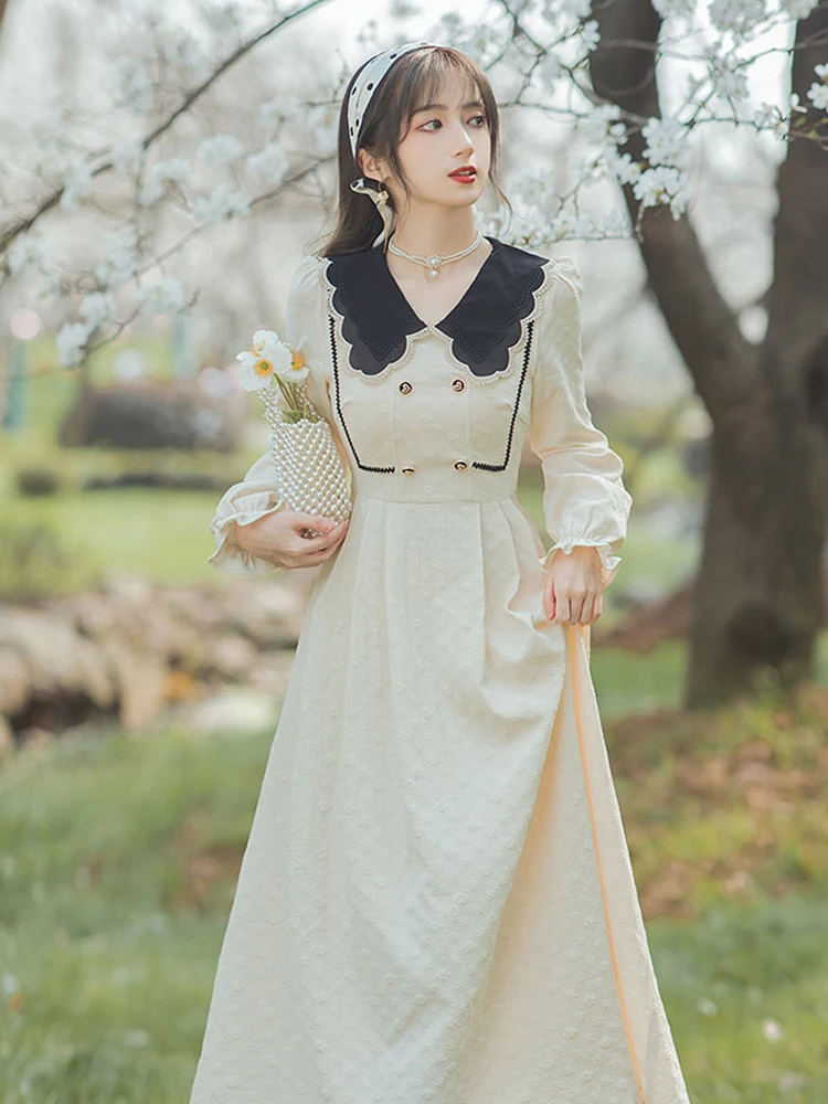 

New women's retro French small incense doll collar double breasted senior sense temperament waist collection dress long dress