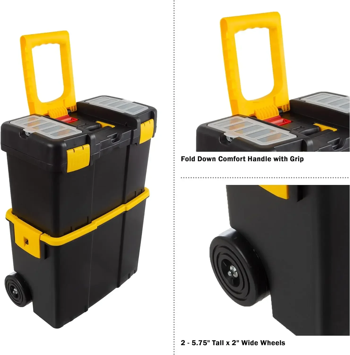 Portable Tool Box with Wheels - Stackable 2-in-1 Tool Chest with Fold-Down Comfort Handles, Tough Latches 4