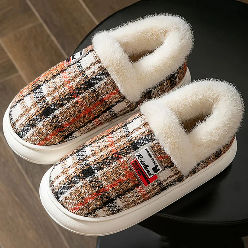Plaid Thick Botton Cotton Padded Shoes Women Indoor Non Slip Platform Plush Slippers Woman Outdoor Thicken Warm Snow Boots 45