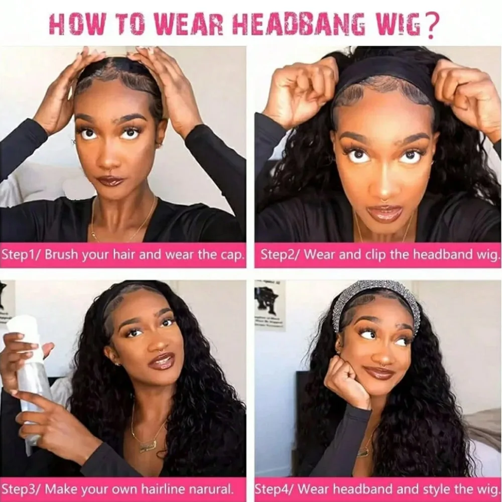 Headband Wig Human Hair Wigs Curly Wig Human Hair Deep Wave Wig for Black Women 20Inch Wear And Go Beginne Friendly 200% Density
