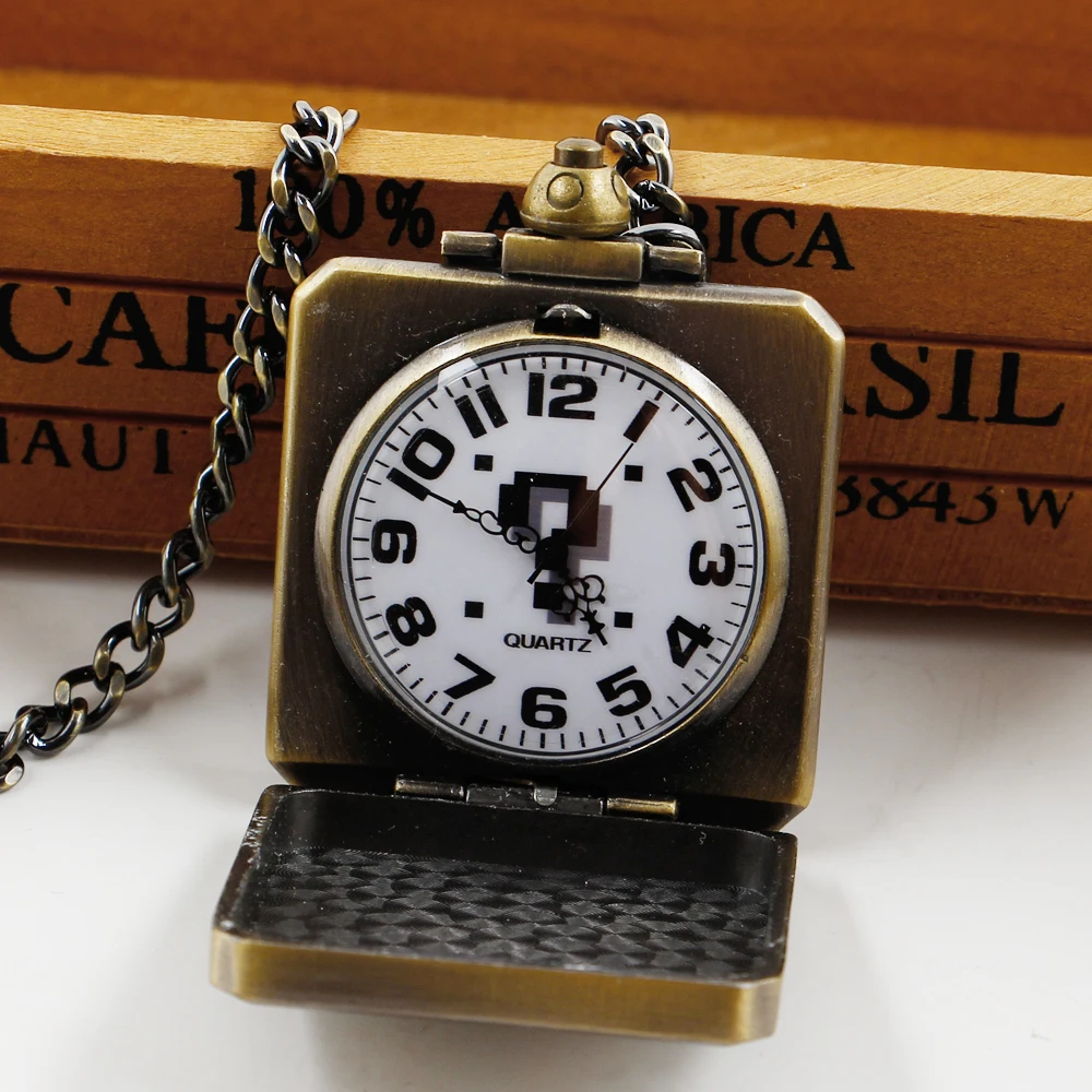 Creative Square Box Cool Question Mark Design Pocket Watch Retro Bronze Steampunk Mens Necklace with Chain CF1168