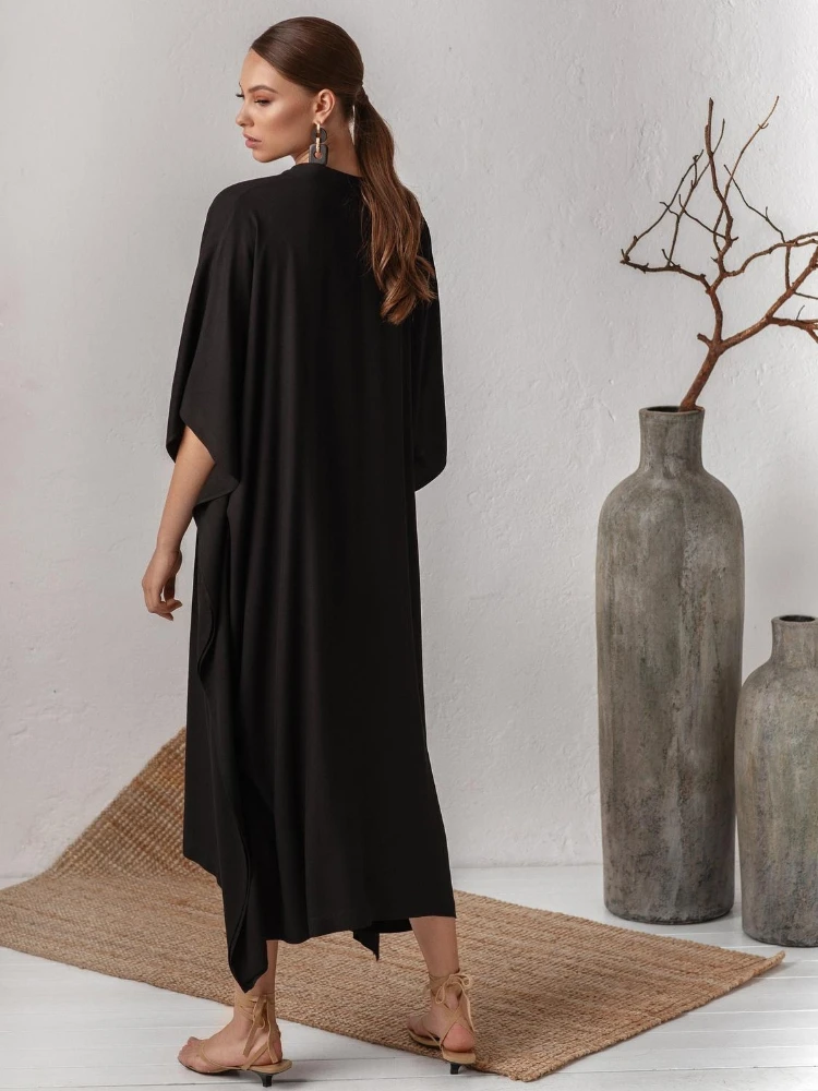 Swimsuit Cover Up Women Kaftan Beach Tunic Solid V Neck Elegant Summer Long Dress Loose Beachwear Bathing Suit Swimwear 4