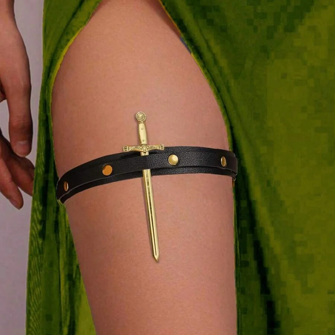 2 Stück mittelalterliche Bein-Requisiten, PU-Leder, Punk-Nieten-Leggings, Geschirr mit Metallschwert, Halloween-Requisiten, Gürtel – Detail 3