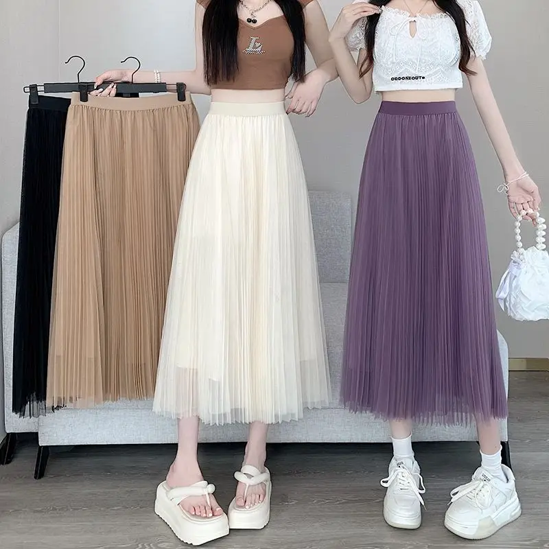 

Vintage Solid Pleated Long Skirts Cotton Linen Maxi Skirt for Women Summer Elastic Waist Girls 2024 Skirt A-Line Skirt F102