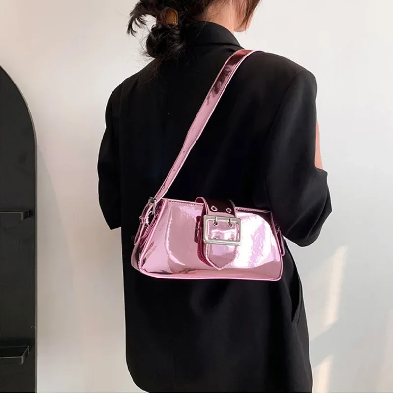 

Silver Shoulder Bags for Women 2023 Spring Y2K Small Purse Glossy PU Leather Luxury Brand Female Underarm Handbags Pink