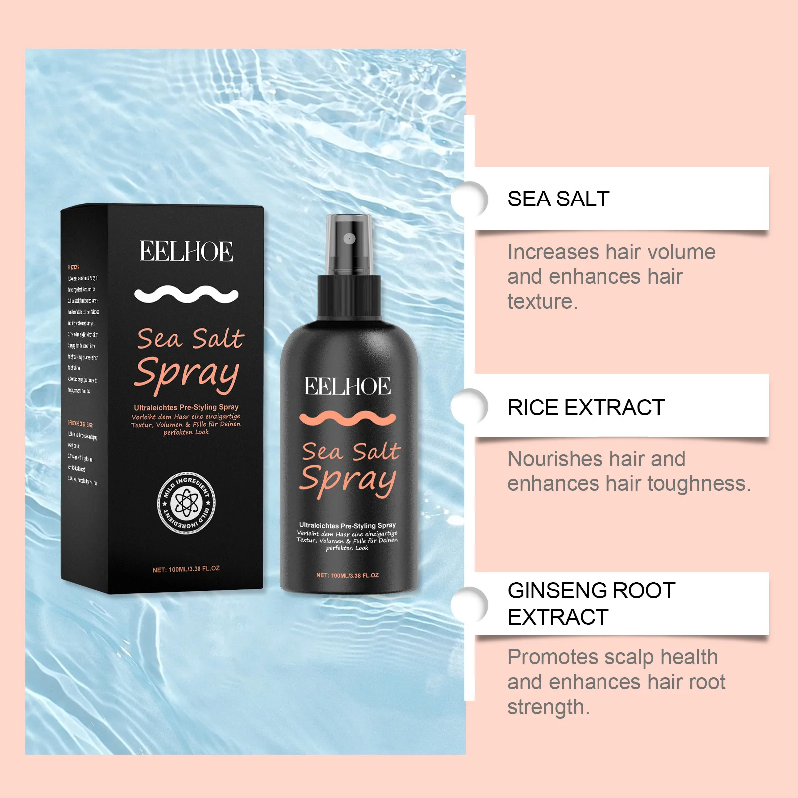 EELHOE Hair Sea Salt Styling Spray Lazy Refreshing Oil Control Fluffy Hair Leave-in Styling Dry Spray for 100ml