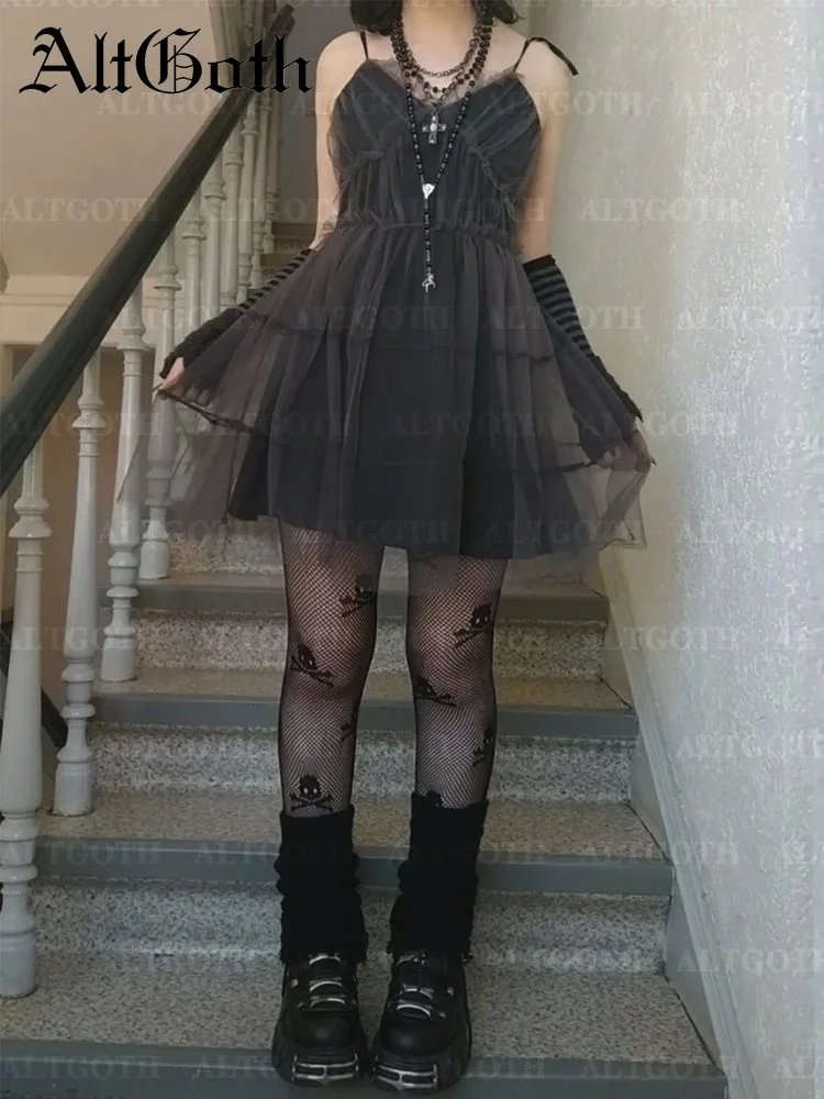 

AltGoth Y2k Gothic Mesh Dress Women Fairycore Grunge Streetwear Sexy Spaghetti Strap High Waist A-line Dress Soft Goth Outfits