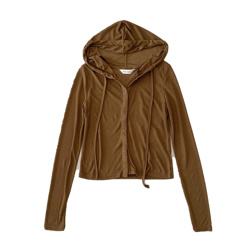 

Early autumn Korean of all-match short solid color thin section hooded long-sleeved T-shirt women