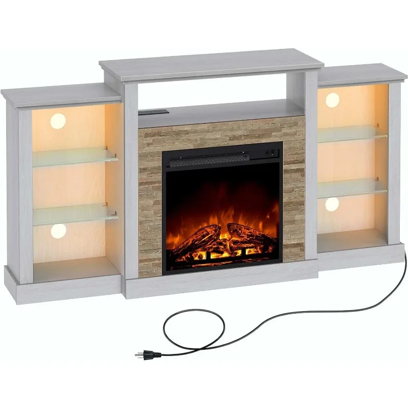 

Fireplace TV Stand with LED Lights and Power Outlets, TV Console for 32" 43" 50" 55" 65", Adjustable Glass Shelves