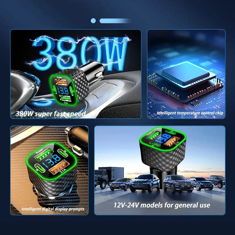 New 380W USB C Car Phone Charger Dual PD 4 in 1 with Voltage Display Super Fast Charge Adapter for iPhone Oppo Vivo Samsung 4