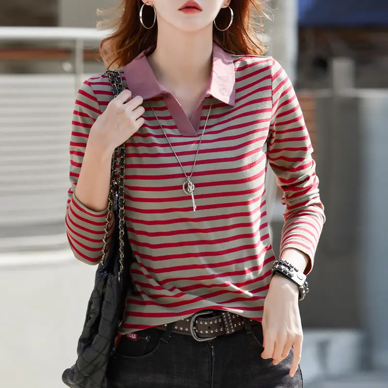 European Station Long sleeved T-shirt Women's Spring and Autumn New High end Light Luxury Fashion Large Size Striped Polo Top - Image 3