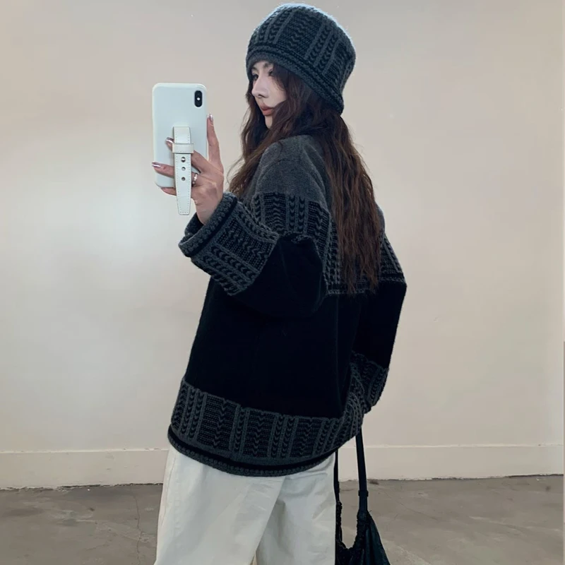 Autumn and Winter Women's Contrasting Color Long-sleeved Sweater Elegant Loose Contrasting Color Ribbon Hat Knitwear Pullover