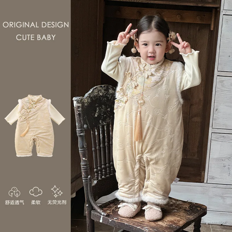 여아 가을 겨울 정장,  외국풍 중국식 누빔 솜옷, 100일 축하, 설날 연회복