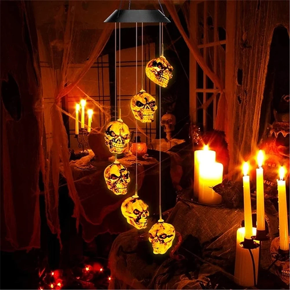 6LEDs Solar Skull Pumpkin Wind Chime Lights String Christmas Halloween Ghost Hyacinth Light for Holiday Home Party Patio Decor cacazi wireless doorbell welcome ir infrared motion sensor remote control 280m range emergency alarm home shop door bell chime