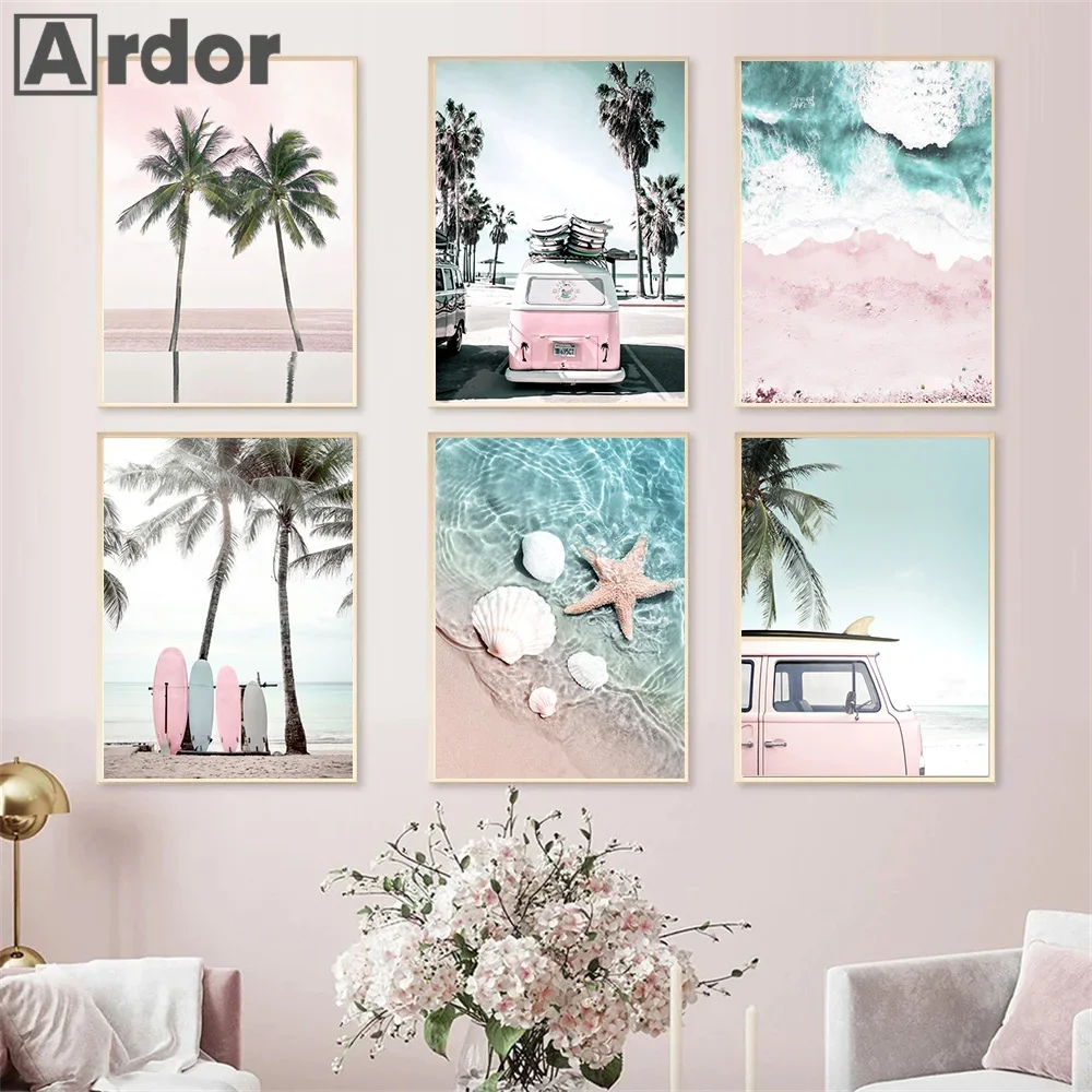 

Pink Car Surfboard Poster Coconut Tree Sea Beach Art Prints Shell Starfish Canvas Painting Nordic Wall Pictures Bedroom Decor