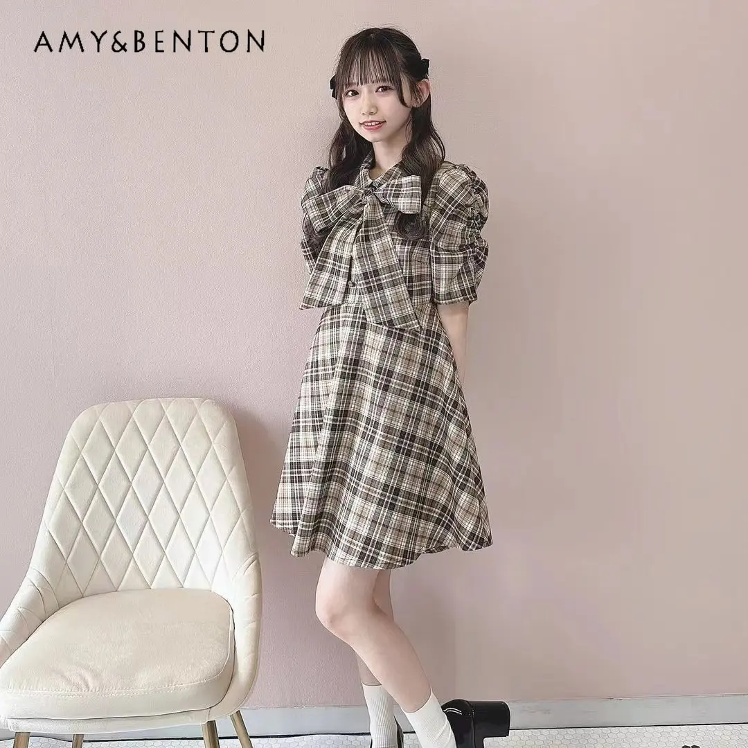 

Japanese Sweet Ladies Lolita Dress College Style Bow Puff Short Sleeve Dress Women's Plaid Slim Fit Rojita Dress