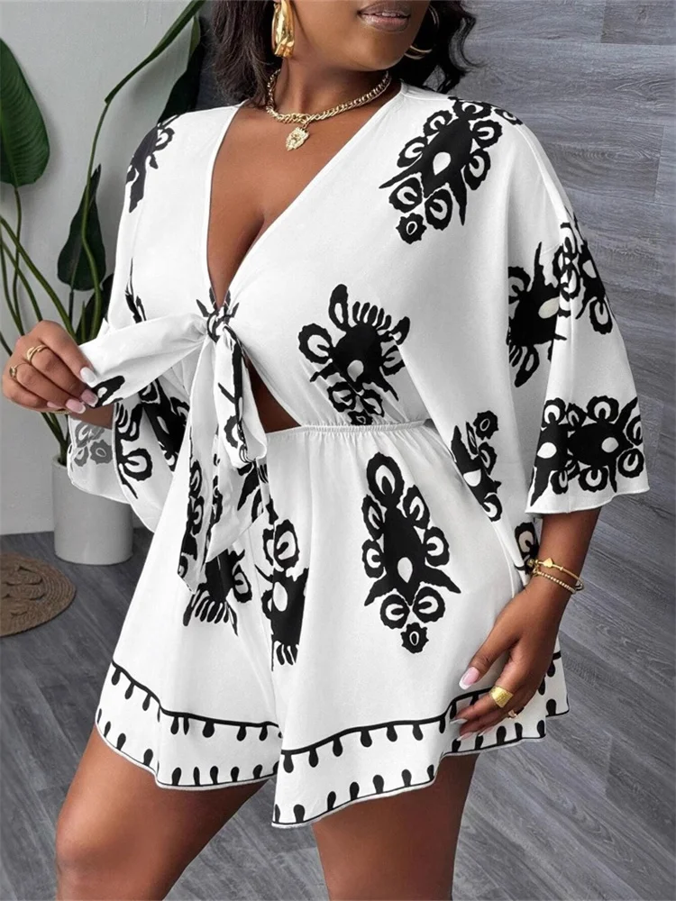 Wmstar Plus Size Jumpsuit Women Print Short Sleeve Bodysuit Loose Sexy Deep V Neck Summer Holiday Rompers Wholesale Dropshipping