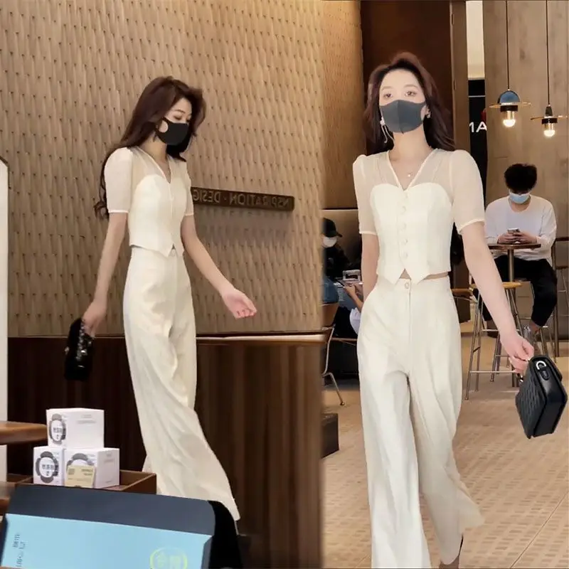 2023 Summer New Sweet Fashion Short Shirt Set Women's High Waist Straight Leg Wide Leg Pants Shirt Two Piece Set