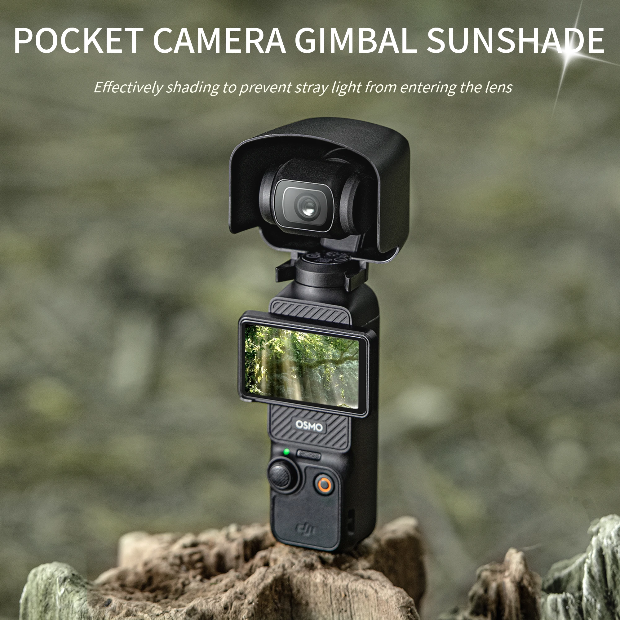 Gros plan sur le pare-soleil pour DJI Osmo Pocket 3, montrant sa texture mate et sa conception anti-reflets.