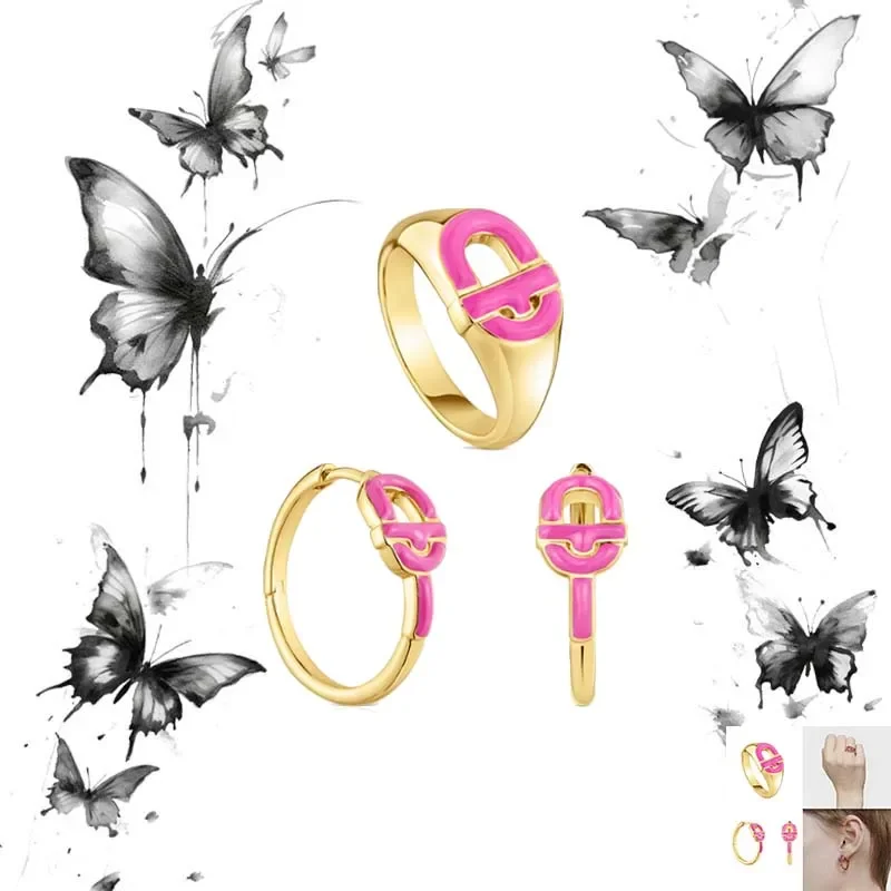 

925 Silver Spanish Style Pink Letter Earrings Ring