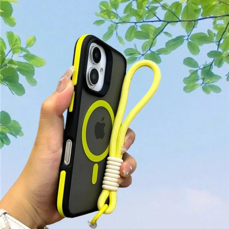 Elegant MagSafe Matte Phone Case with Lanyard and Magnetic Wireless Charging Bumper Cover