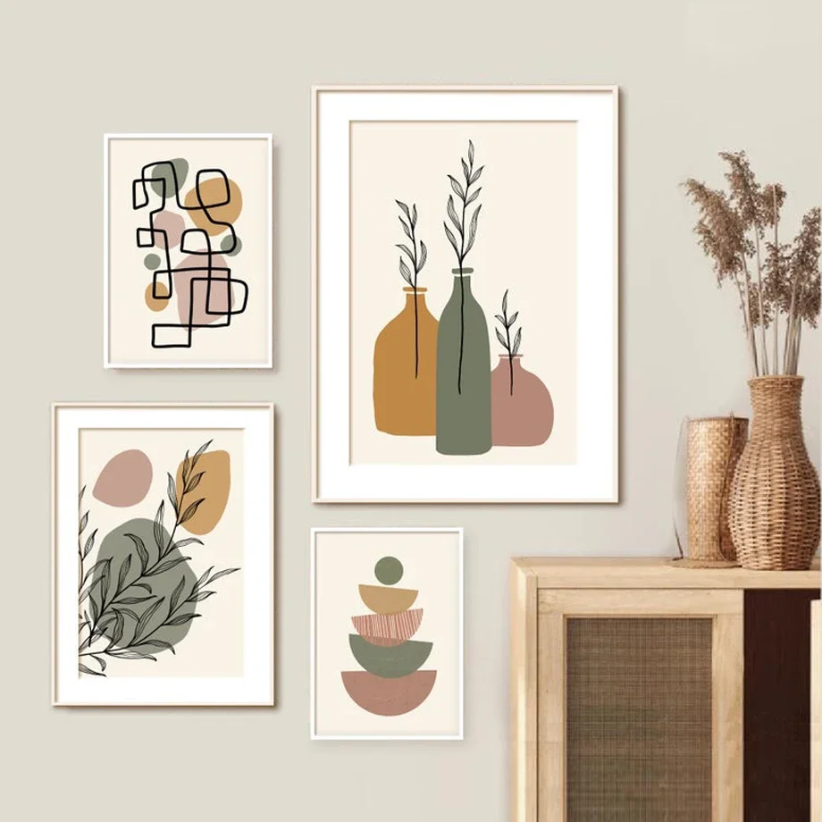 

Leaves Vase Geometric Line Abstract Boho Gallery Wall Art Canvas Painting Posters And Prints Wall Pictures For Living Room Decor