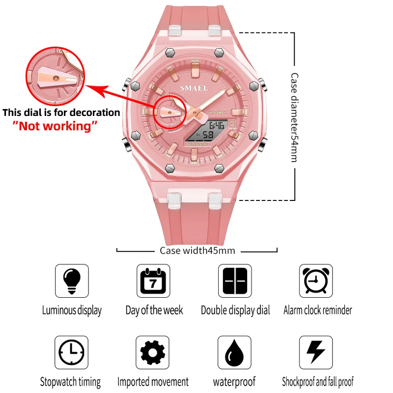 Smael Analog And Digital Dual Display Watches For Women Fashion Casual Pink Silicone Sport Electronic Wristwatches Lady Gift, Alina Gadgets