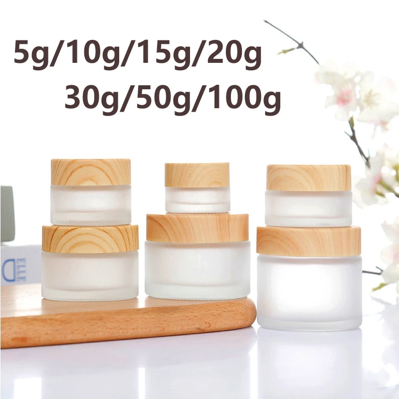 

5g-100g Frosted Glass Bottle With Wood Lid Portable Empty Cream Jars Skin Care Gel Serum Container Cosmetic Dispenser Tool