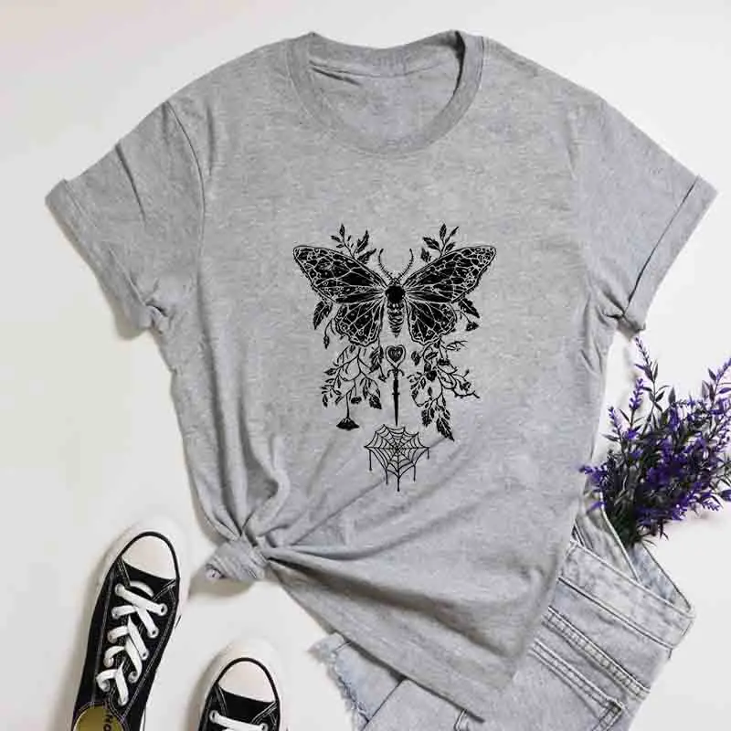 Pentagram Moth and Spider Web T-shirt, Cute Yet Eerie Y2K Pastel Gothic Style, Pastoral Dark Preppy Style Alternative Punk Style 4