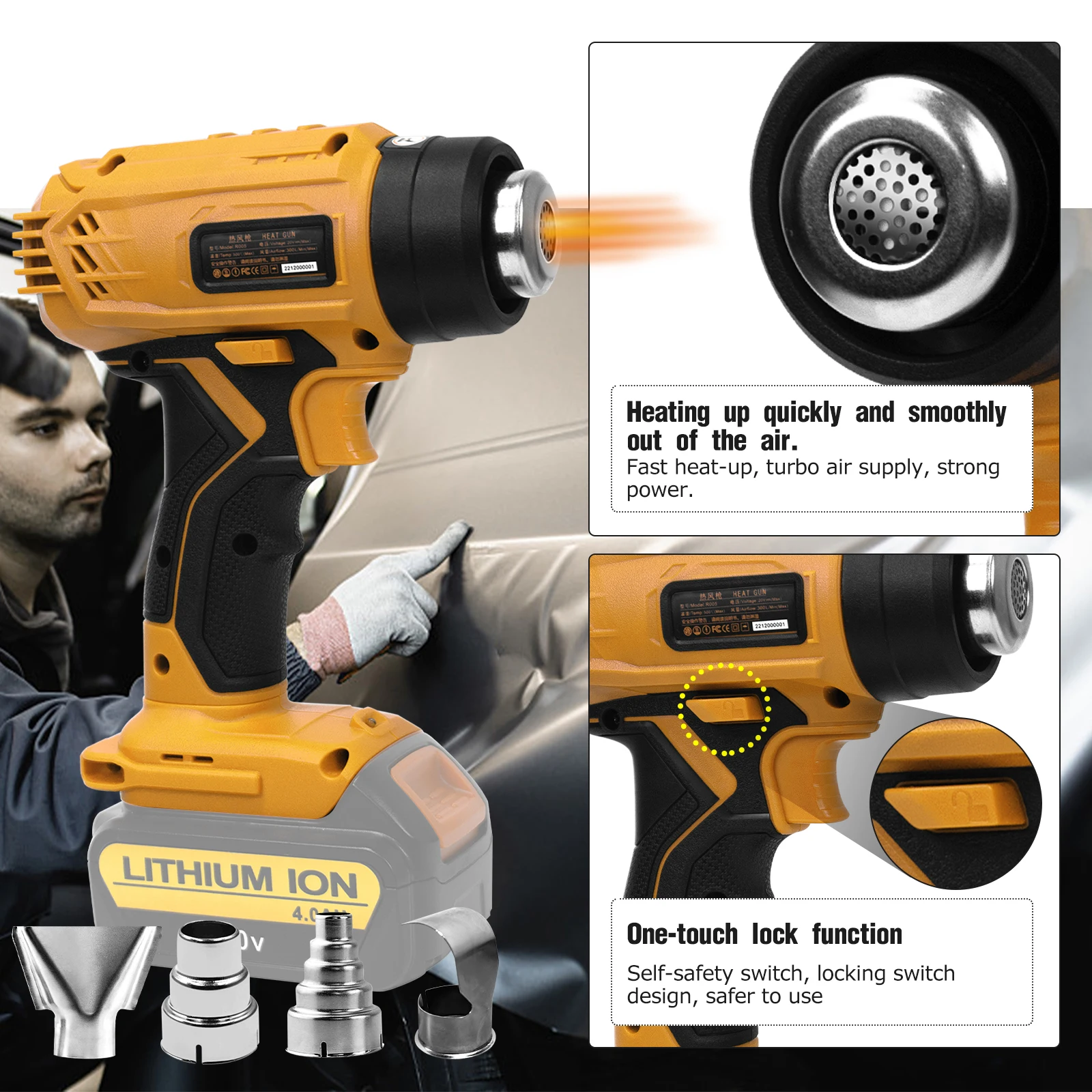 400W Cordless Heat Gun Handheld Electric Hot Air Gun Heat Shrink Wrapping Overload Protection for Dewalt 20V Battery(No Battery) 5