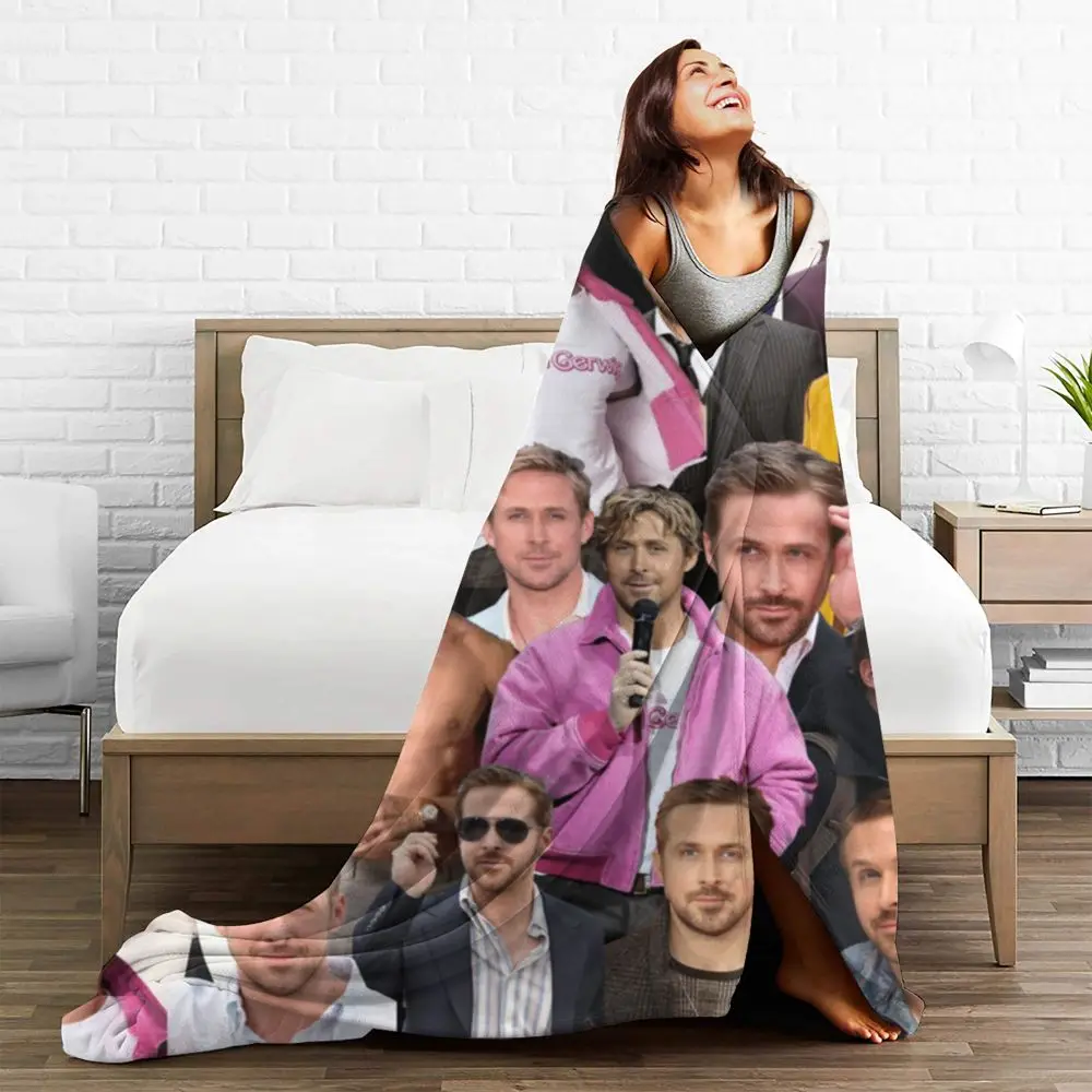 Description Picture 6 of itemBarbenheimer Film Warm Soft Blankets Ryan Gosling Actor Photo Picnic Bedding Throws Custom Flannel Bedspread Sofa Bed Cover