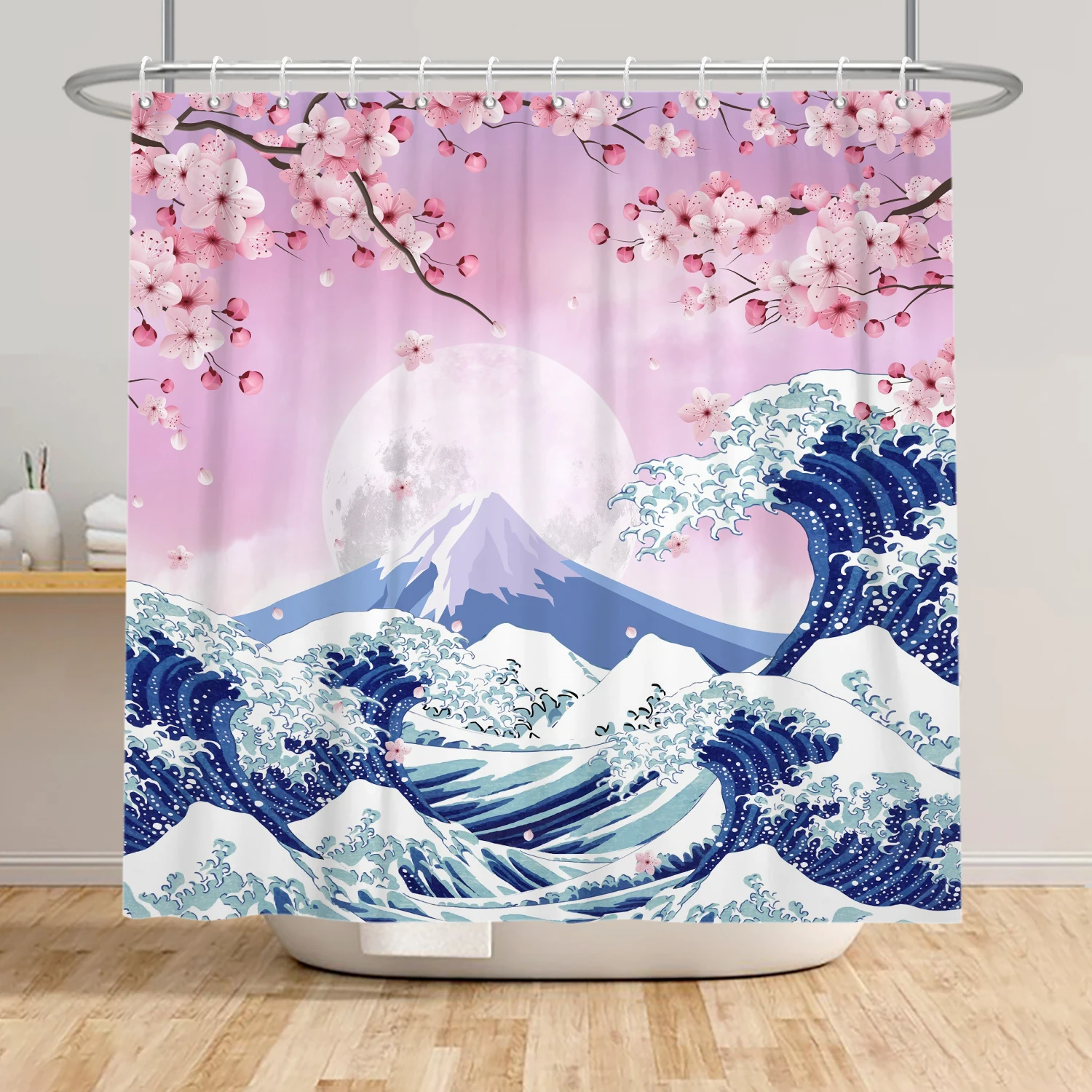 Japanese Ukiyo-e Sun Fuji Cherry Blossom Shower Curtain Hokusai Giant Waves Kanagawa Bathroom Curtains Waterproof Bathtub Screen 4
