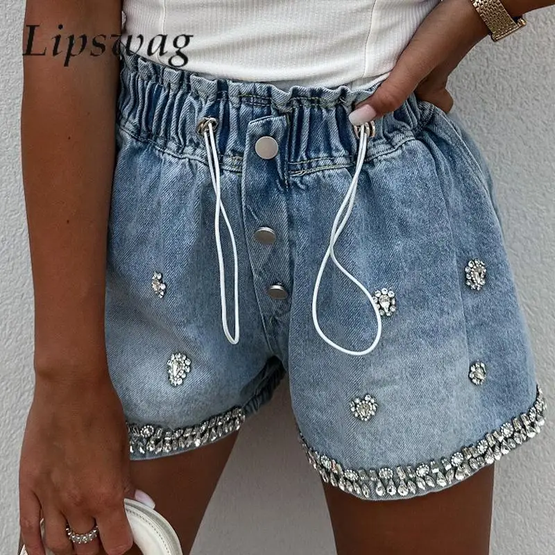 

Street Fashion Rhinestone Wide Leg Denim Shorts Casual Drawstring Tie-up Elastic Waist Short Pant 2023 Women Summer Jeans Shorts