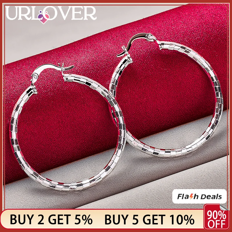

URLOVER 925 Sterling Silver 40mm Snake Skin Pattern Round Circle Hoop Earrings For Women Engagement Wedding Party Charm Jewelry