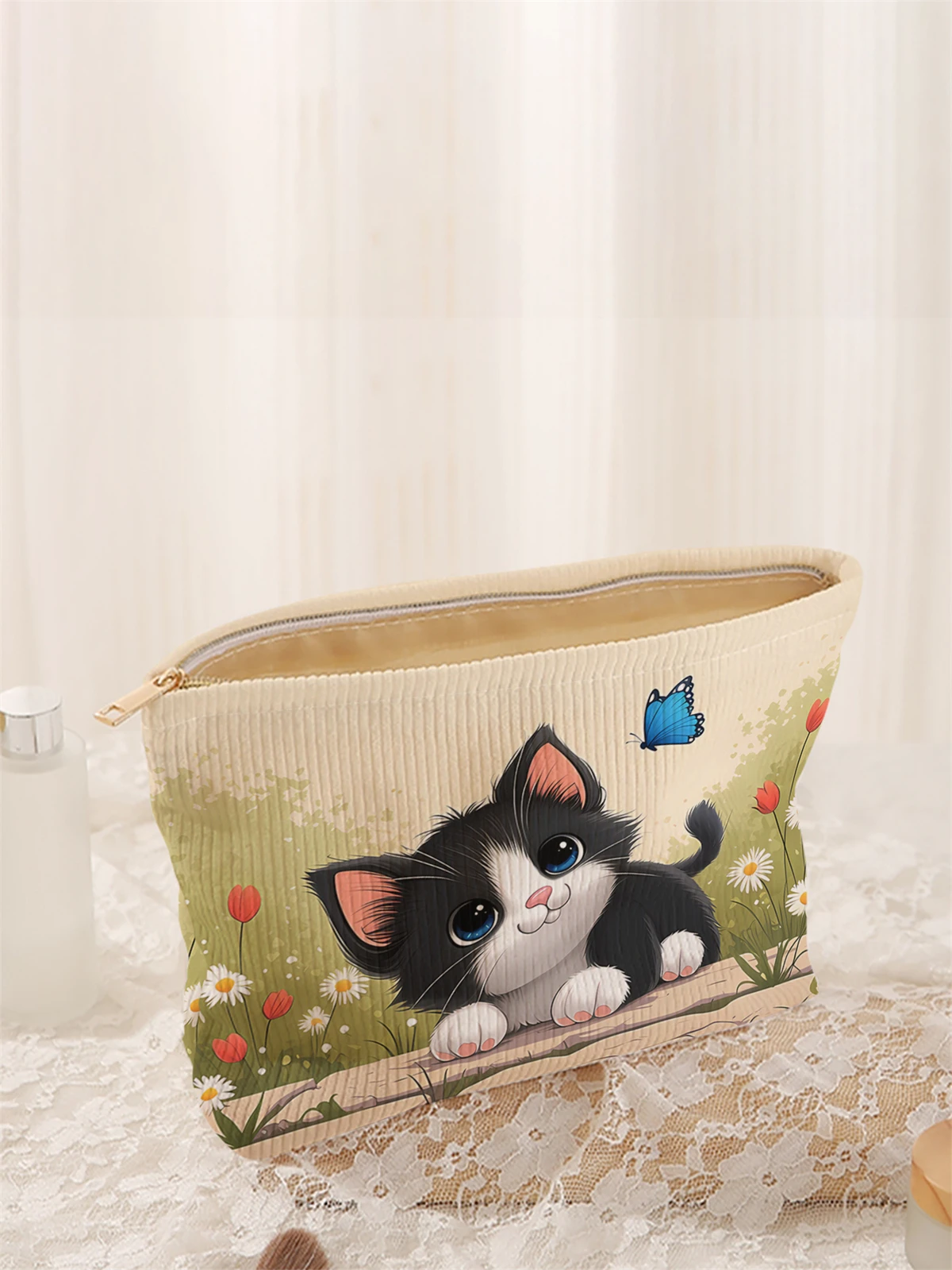 1 cat patterned corduroy makeup bag, lightweight zipper makeup storage box, multifunctional bag with lining