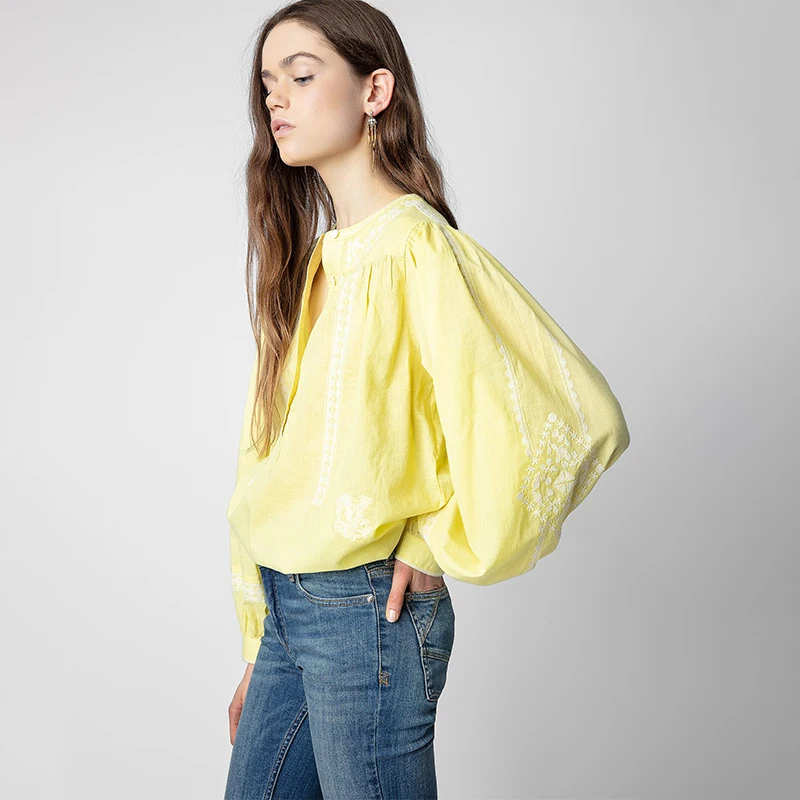 

Zadig Women Elegant Blouses Classy Flower Summer Loosen Shirt Female Fashion Yellow Long Sleeve Comfortable Loose Blouses Top