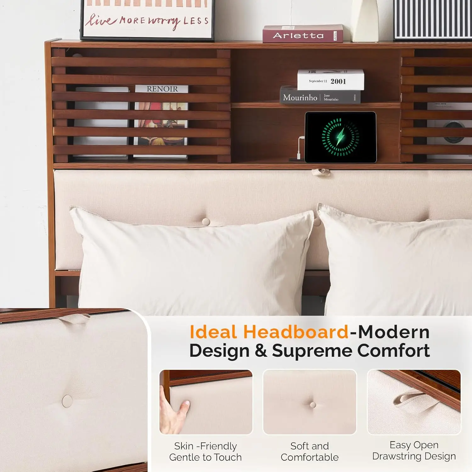 Queen Size Wooden Bed Frame with 52'' Extra LED Upholstered Bookcase Storage Headboard, Charging Station,No Box Spring Needed