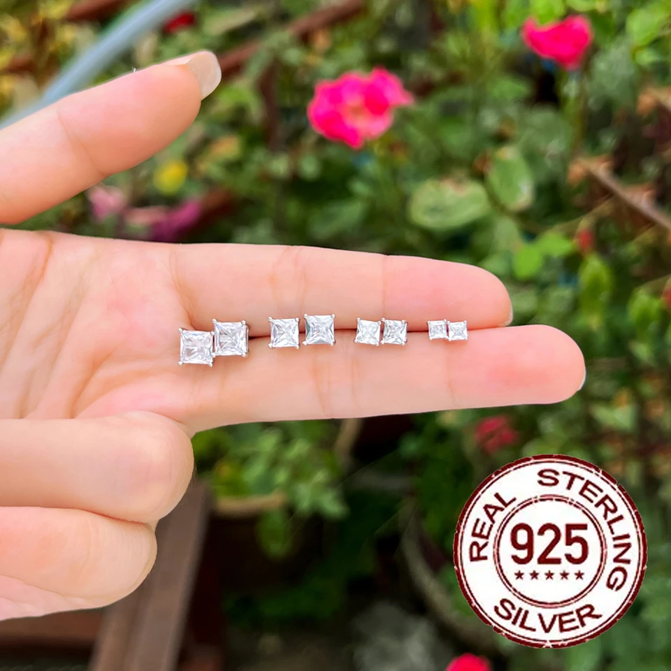 Swarovski Anello Set 4 Orecchini A Perno In Argento Sterling 925 - Quadrati, Misure 3,4,5,6 Mm, Con Zirconi Set Orecchini Quadrati Sterling Silver - Foto 7