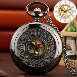 Retro Black Hollow Dense Gold Finish Elegant Flowers Quartz Steampunk Pocket Watch Pendant Fob Chain Antique Pocket Clock Gifts
