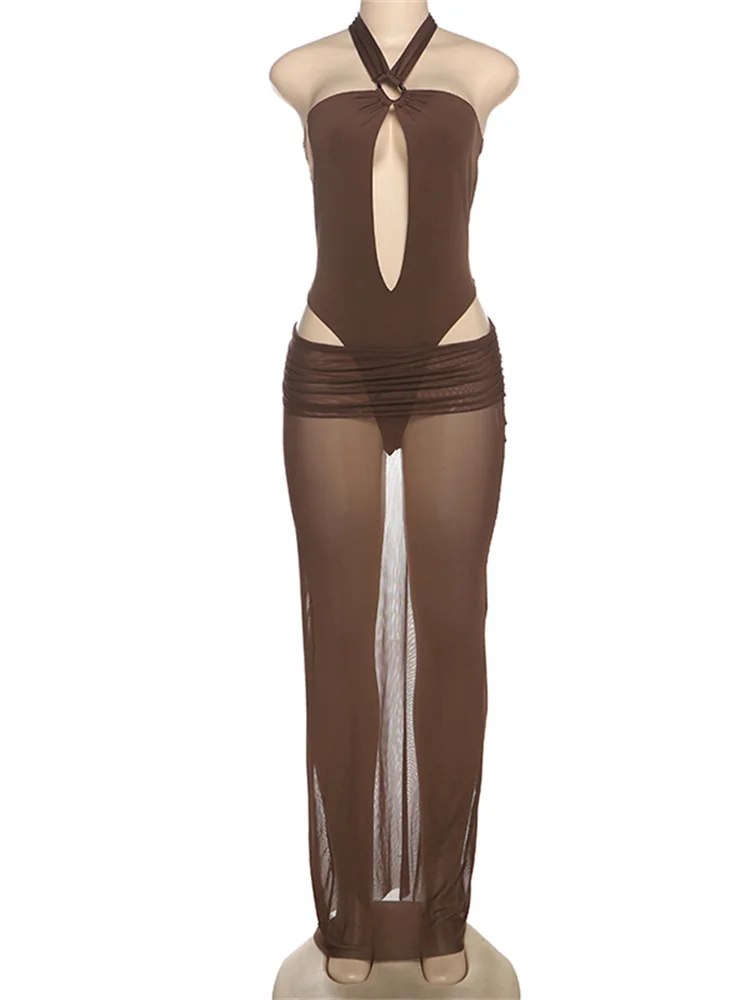 Nibber Fashion Sexy 2 Piece Set Women Metal Rings Halter Hollow Skinny Bodycon+Ruched Mesh See Through Skirts Temperament Suits