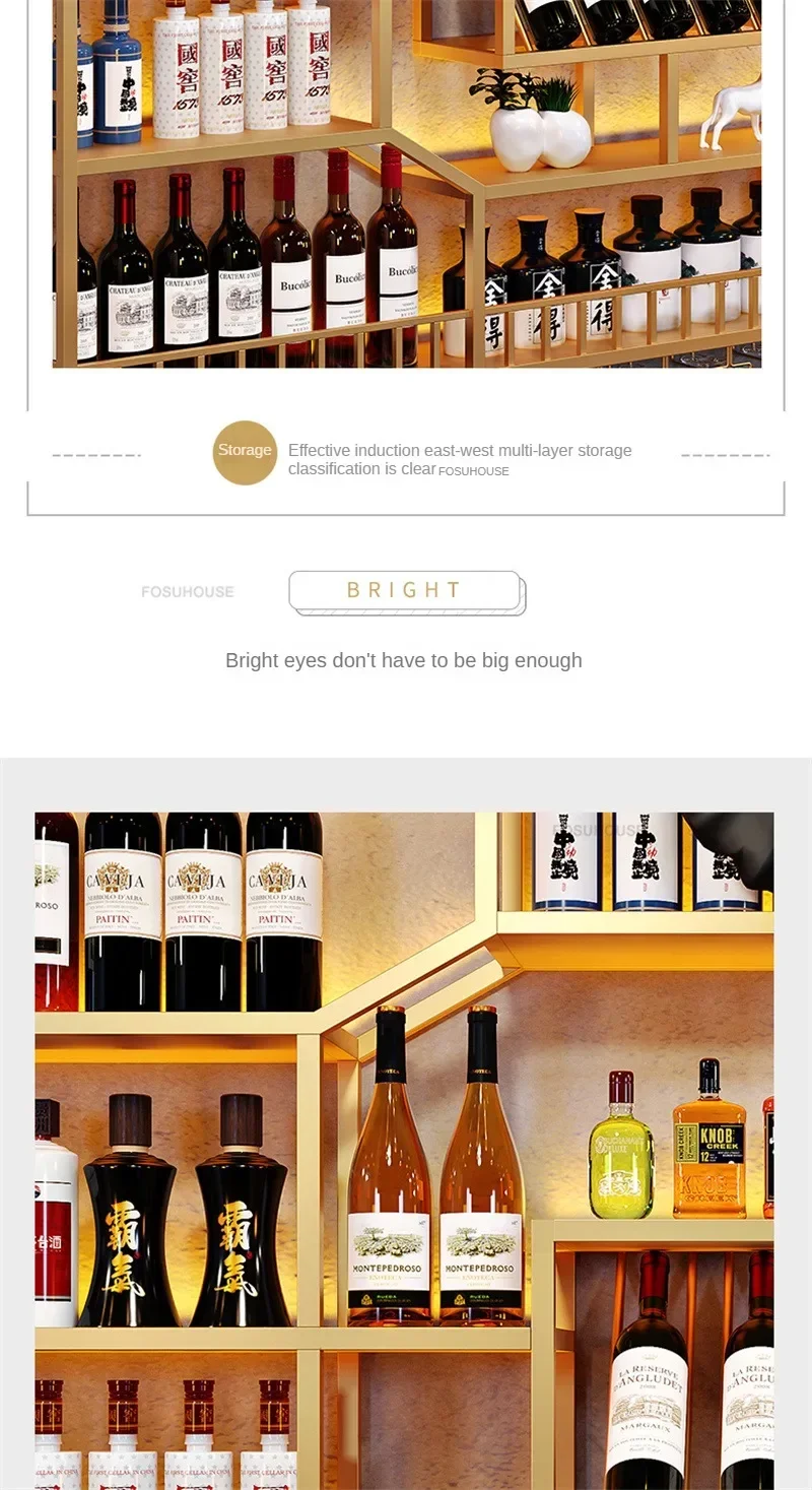 Nordic Iron Art Wine Rack Creative Wine Display Cabinet with Light Industrial Style Hotel Restaurant Wall-mounted Bar Cabinets